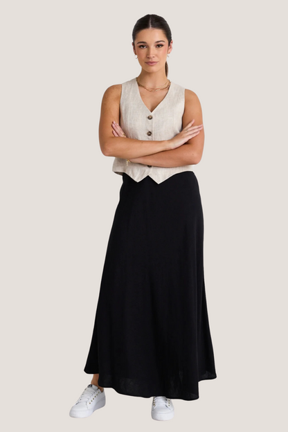 Lagos Black Linen Floaty Bias Cut Maxi Skirt