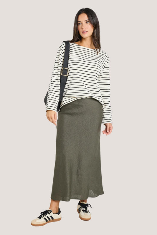 Bliss Khaki Linen Bias Midi Skirt