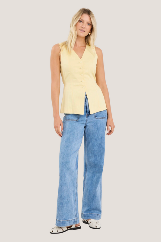 Latitude Lemon Linen Blend Fitted Longline Vest