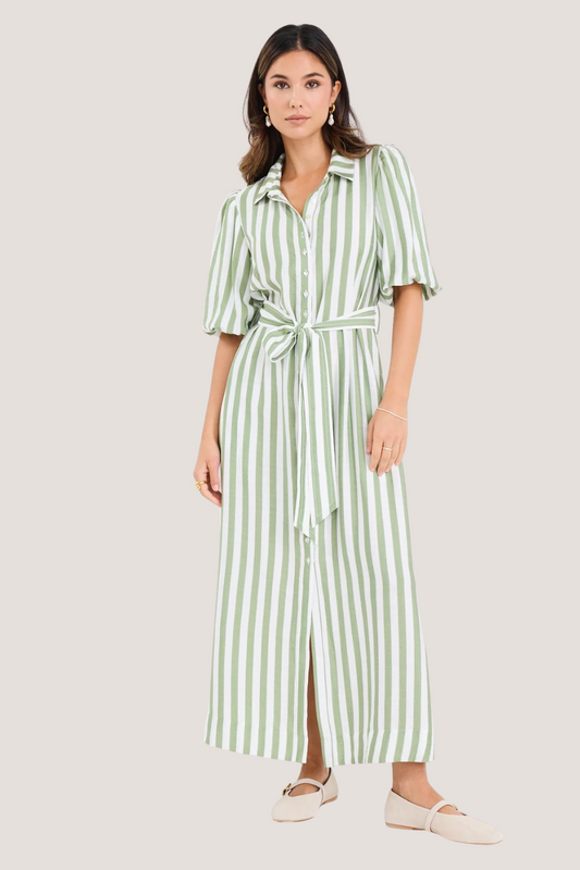 Kindred Moss Stripe Puff Sleeve Midi Shirt Dress