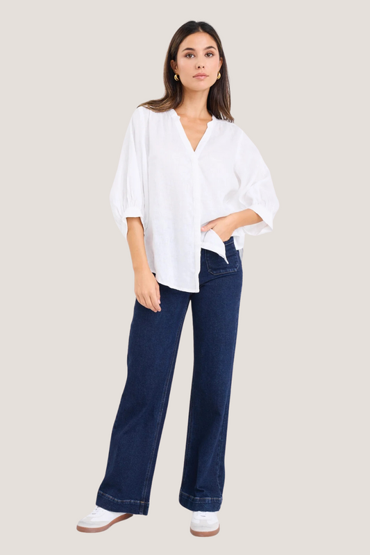 Deity White Linen Button Through Puff Sleeve Ss Blouse