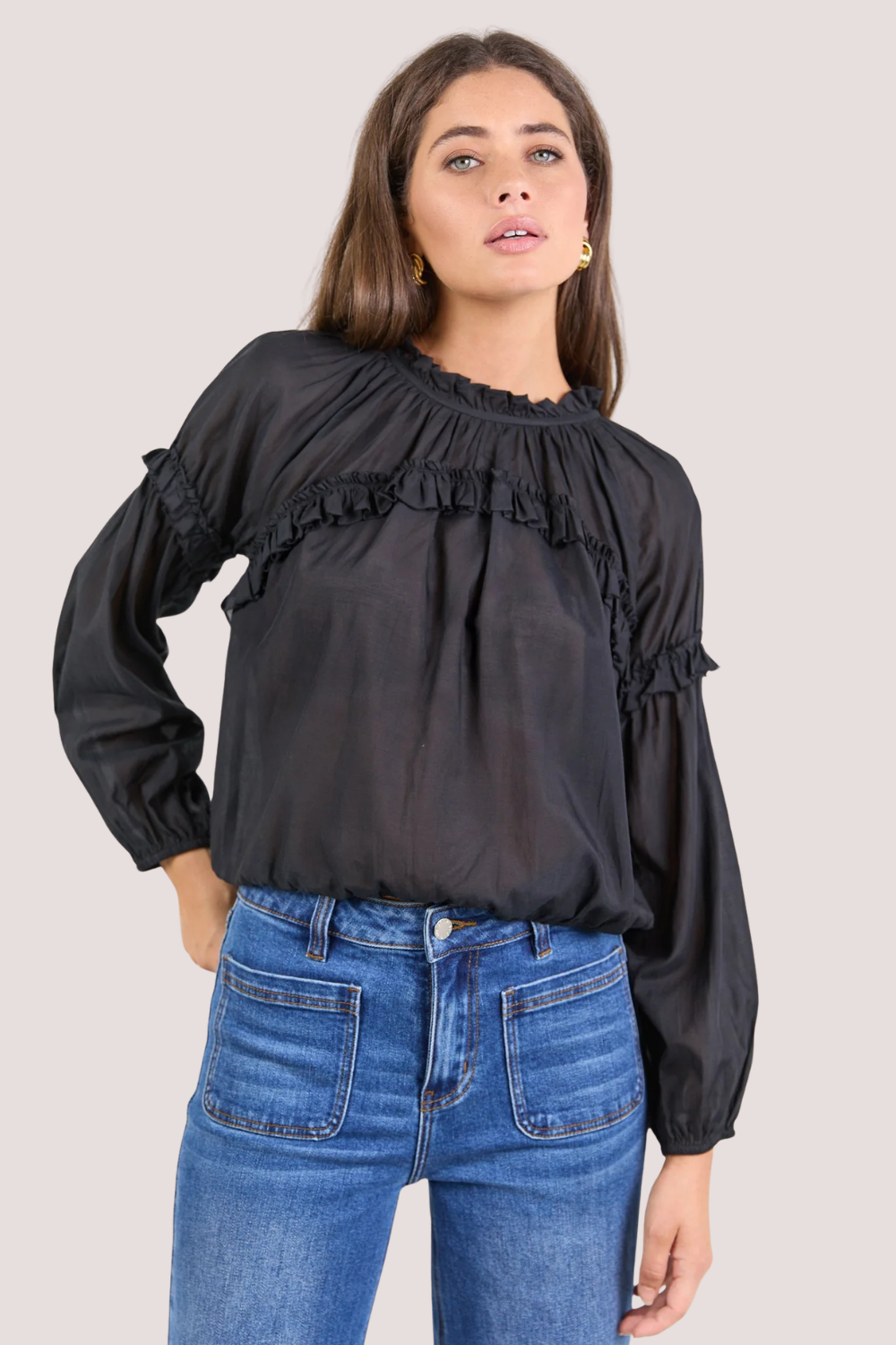 Manifest Black Voile Frill Detail LS Top