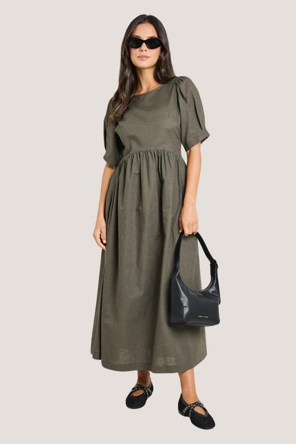 Hemisphere Khaki Short Sleeve Relaxed Midi Dress
