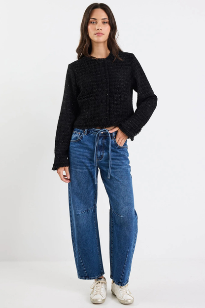 Honoured Black Texture Tweed Buttoned Jacket