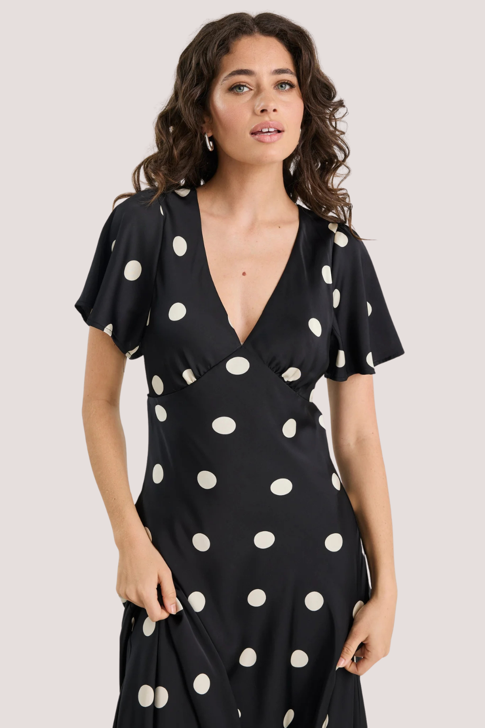 Chariot Black Polka Dot Bias Flutter Sleeve Maxi Dress