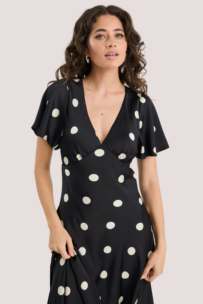 Chariot Black Polka Dot Bias Flutter Sleeve Maxi Dress