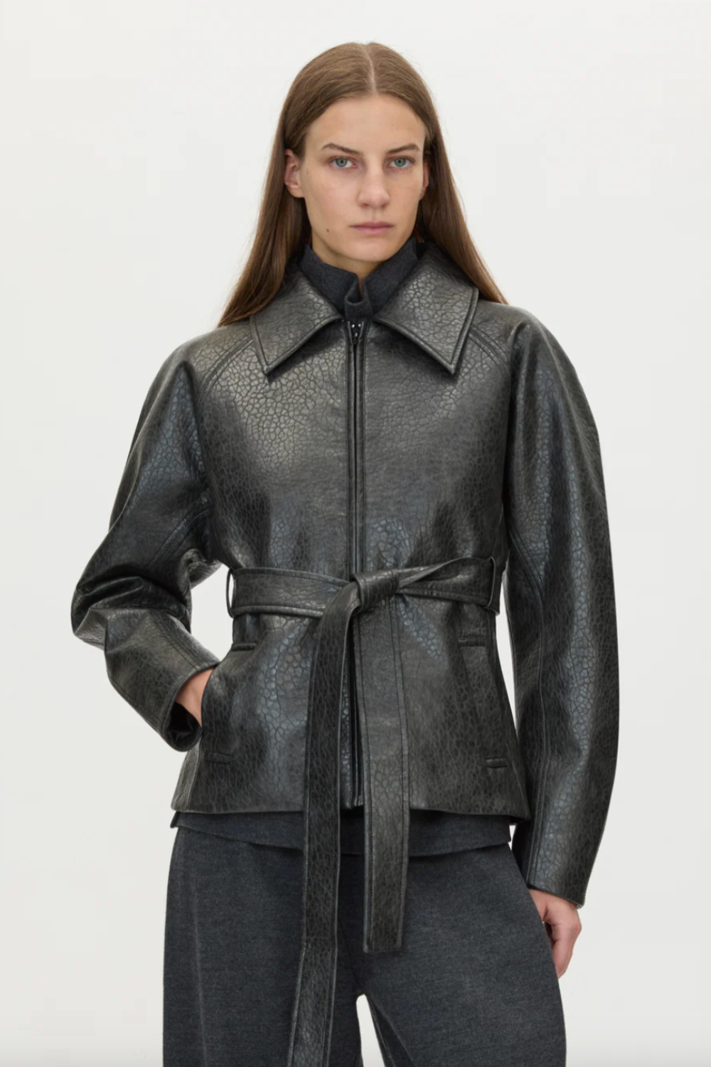Oreno Croc Belted Jacket | Charcoal