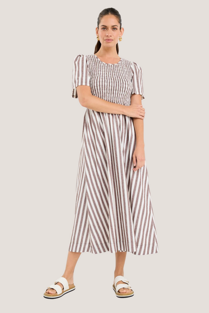 Wren Chocolate Stripe Cotton SS Shirred Bodice Midi Dress