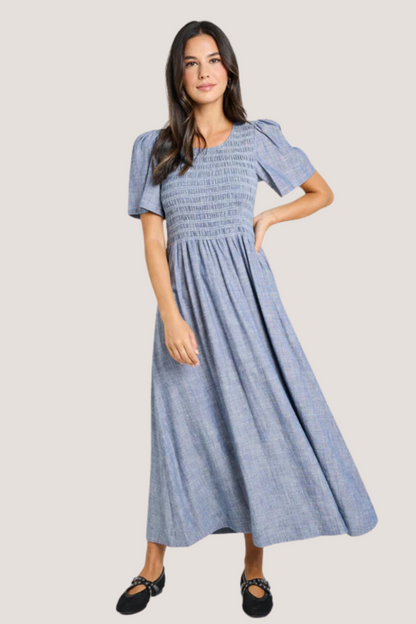 Wren Chambray Blue SS Shirred Bodice Midi Dress