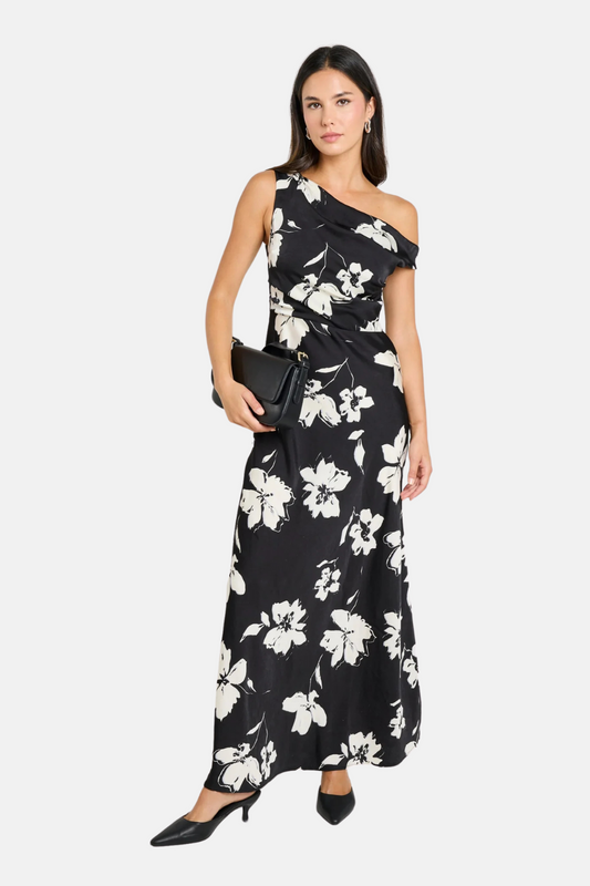 Spotlight Black Floral Satin Off Shoulder Flare Midi Dress