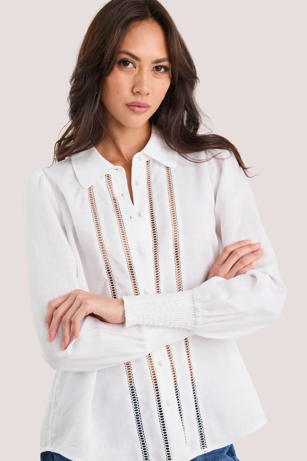 Zinnia White Ramie Lace Trim Long Sleeve Shirt