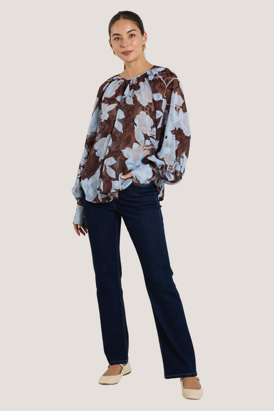 Cosmopolitan Chocolate Blue Floral Crew Neck Floaty LS Top