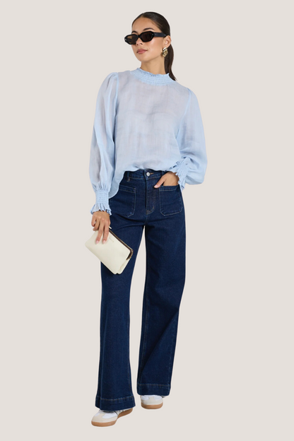 Embrace Ice Blue Ramie Shirred Neck LS Top