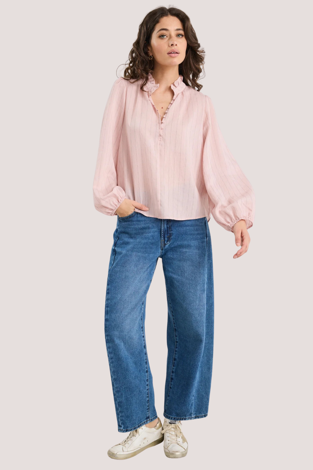 Premise Blush Stripe High Neck Buttoned LS Top