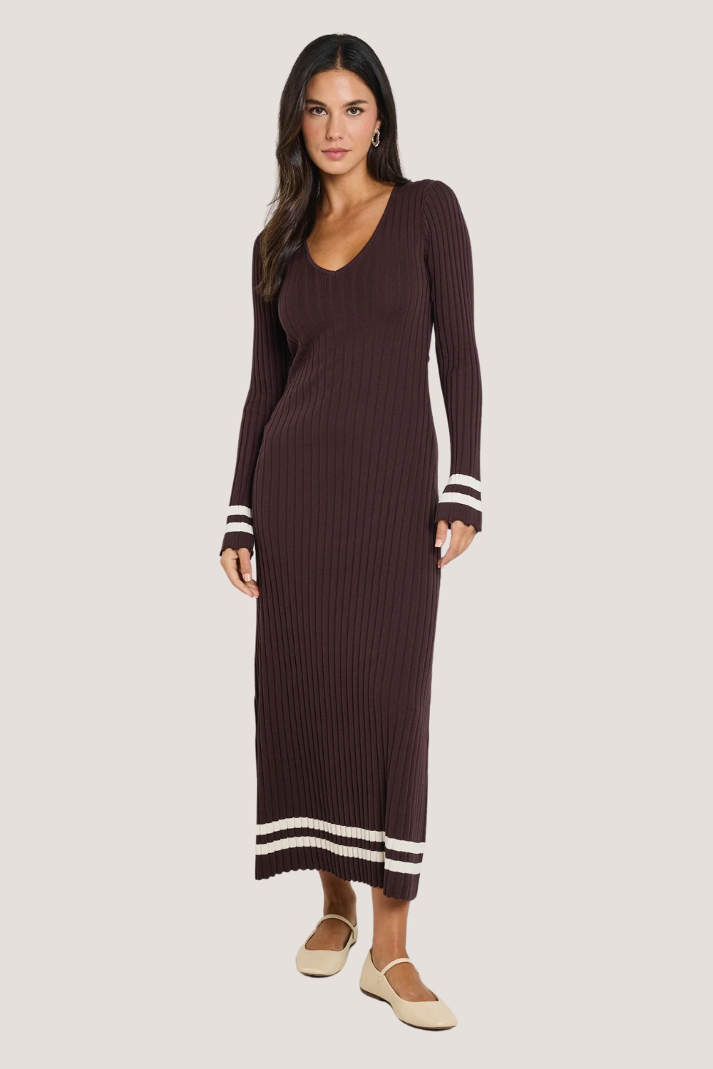 Main Chocolate Stripe LS V Neck Knit Maxi