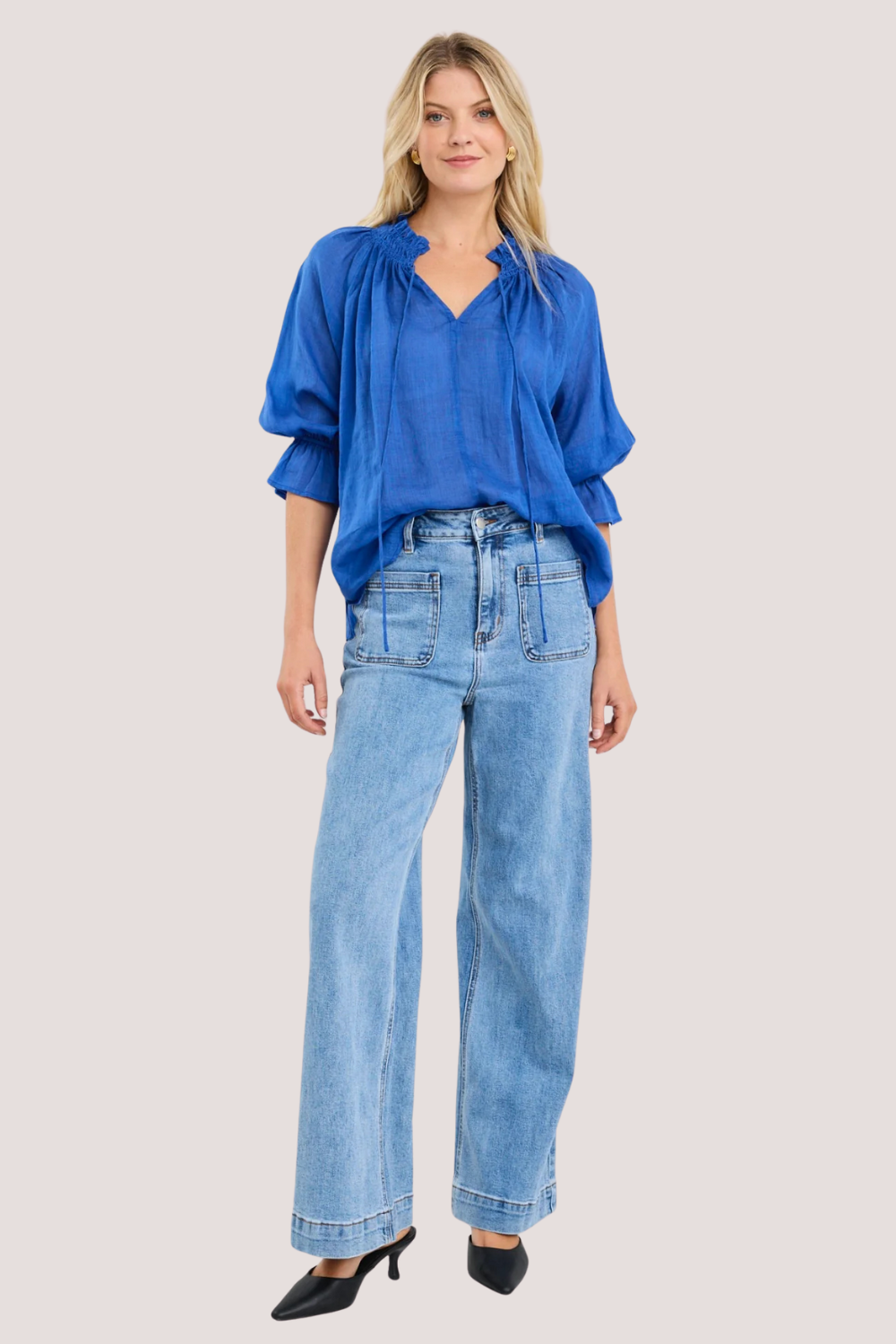 Expedition Blue Shirred Neck Short Seeve Top