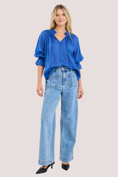 Expedition Blue Shirred Neck Short Seeve Top