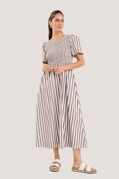 Wren Chocolate Stripe Cotton SS Shirred Bodice Midi Dress