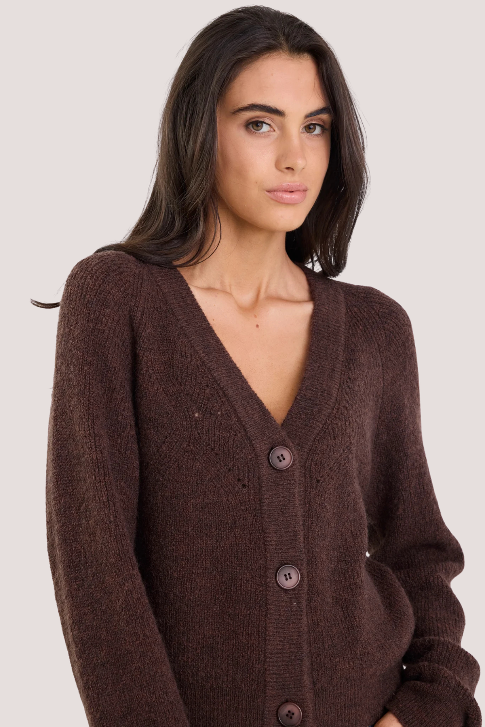Essence Chocolate V Neck Rib Knit Cardigan