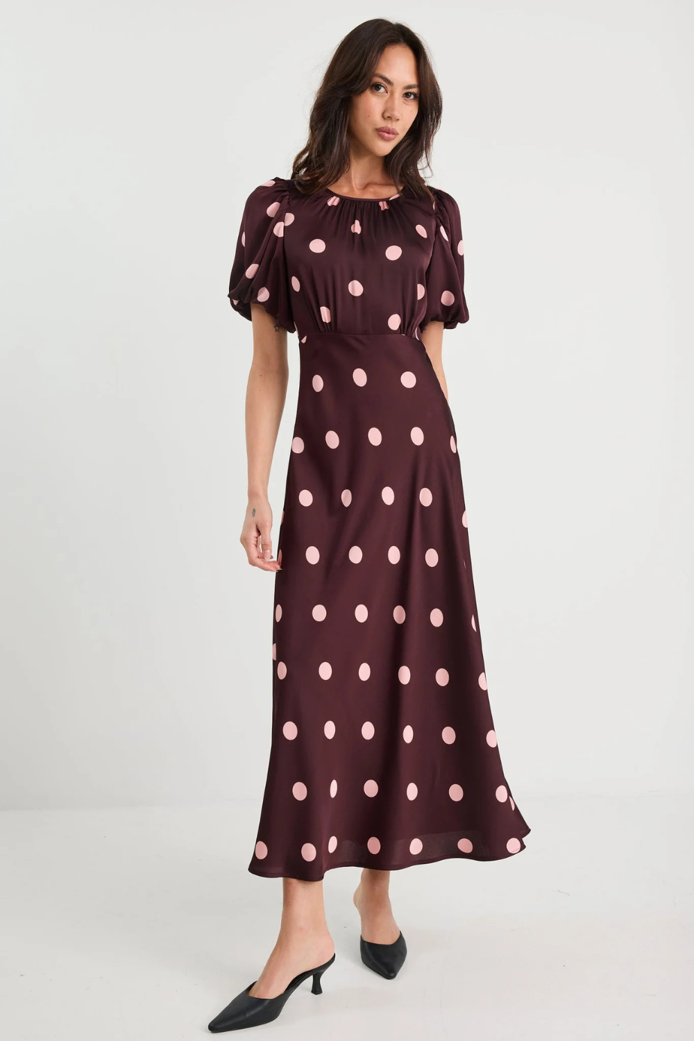 Stage Plum Polka Dot Puff Sleeve Satin Floaty Maxi Dress