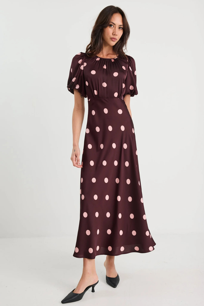 Stage Plum Polka Dot Puff Sleeve Satin Floaty Maxi Dress