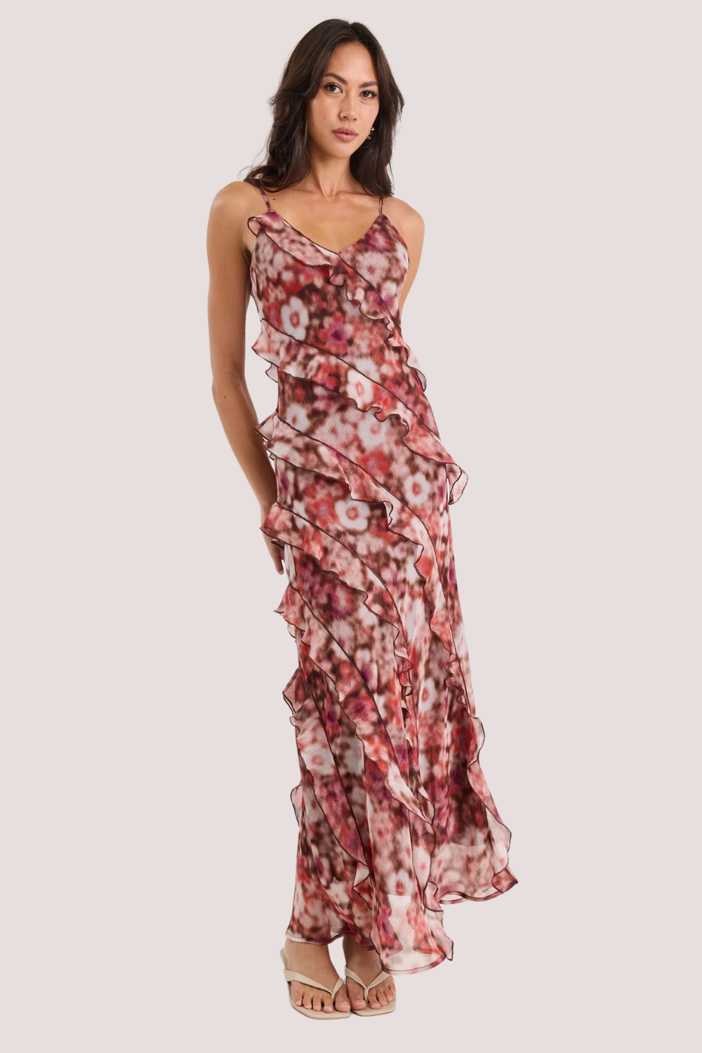 Galore Autumn Bloom Bias Ruffle Slip Maxi Dress