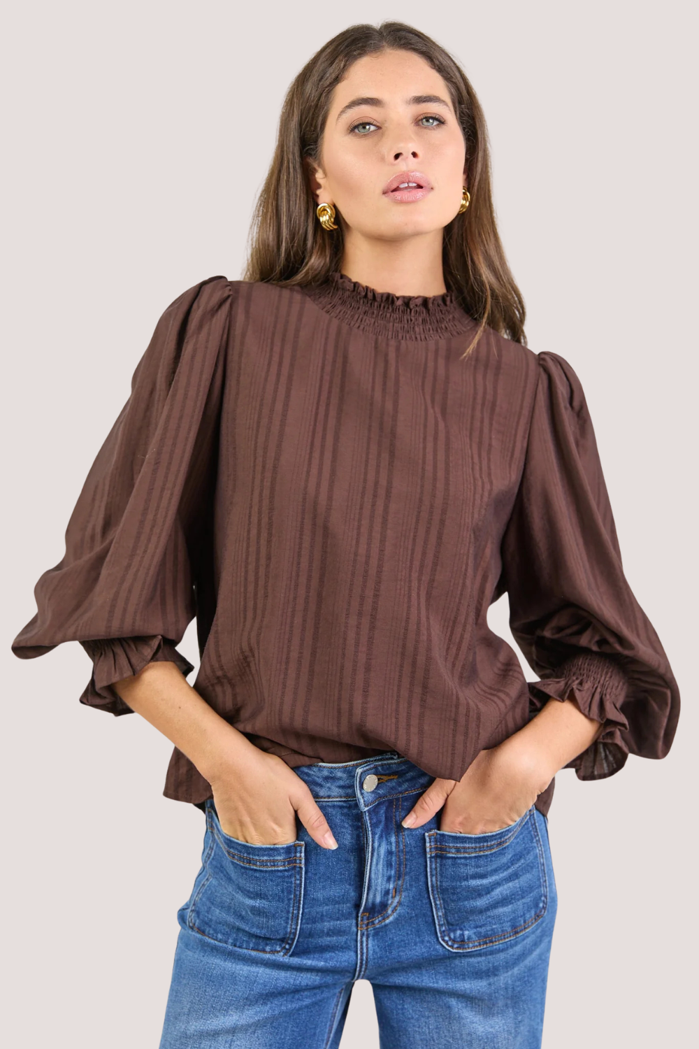 Embrace Chocolate Self Stripe Shirred Neck LS Top