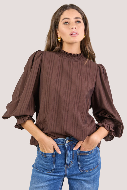 Embrace Chocolate Self Stripe Shirred Neck LS Top