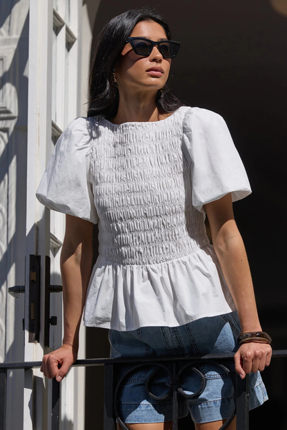 Artifact Ivory Poplin Shirred Bubble Sleeve Top