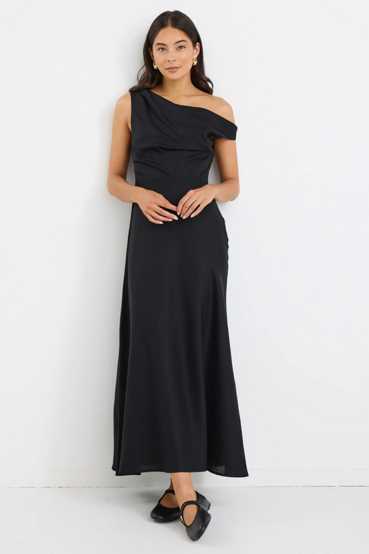 Spotlight Black Linen Blend Off Shoulder Flare Midi Dress