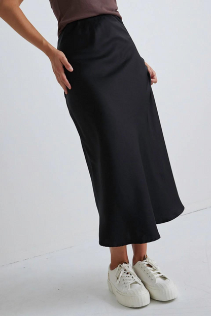 Ivy Black Satin Midi Bias Skirt