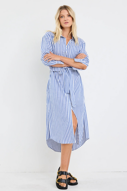 Forward Blue Stripe Cotton Midi Shirt Dress