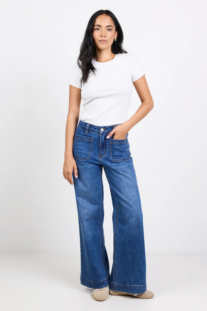 Zoey Marine Blue Petite High Rise Wide Leg Pocket Jean