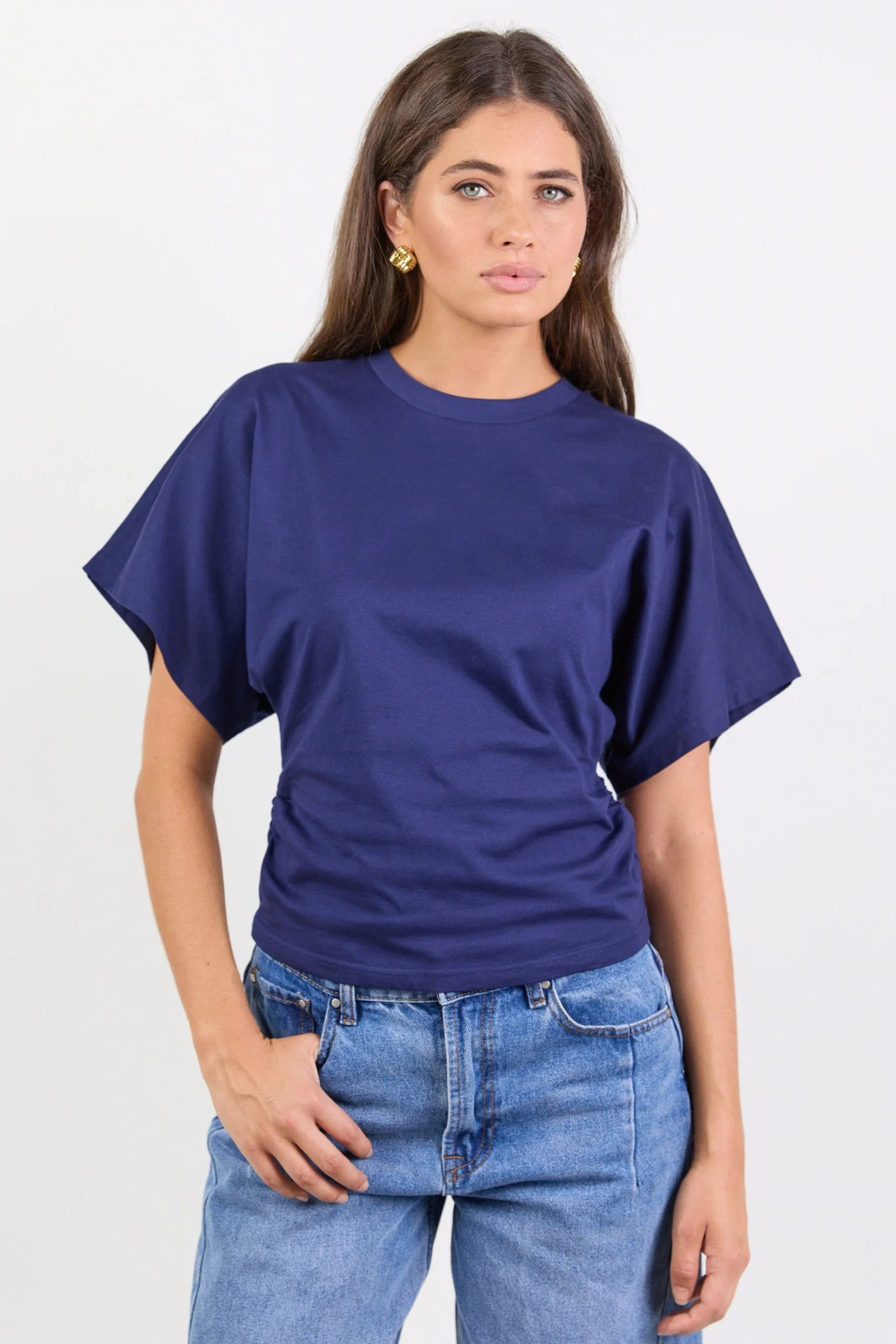 Cadence Ink Cotton Gathered Waist Detail Short Sleeve Tee