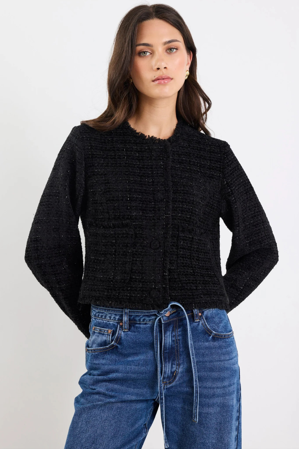 Honoured Black Texture Tweed Buttoned Jacket