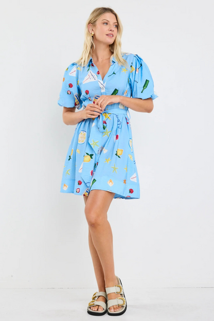 Sundown Blue Holiday Puff Short Sleeve Mini Shirt Dress