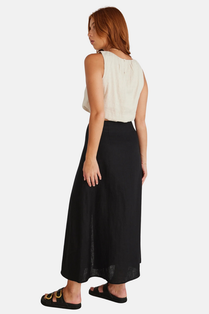 Mercy Black Linen Button Front Aline Skirt
