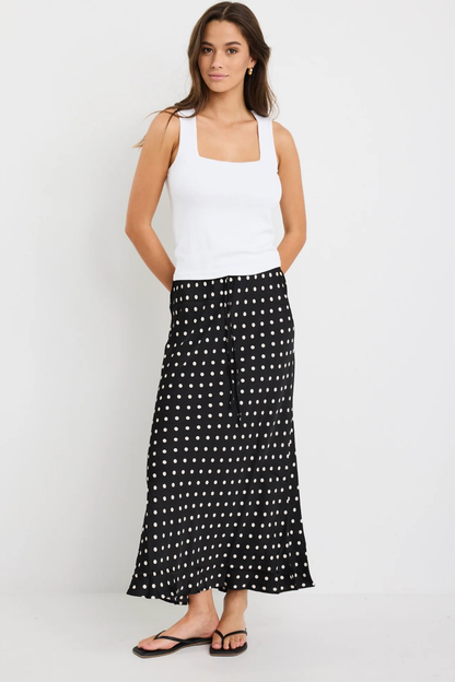 Rarity Black White Polka Dot Satin Tie Waist Bias Maxi Skirt