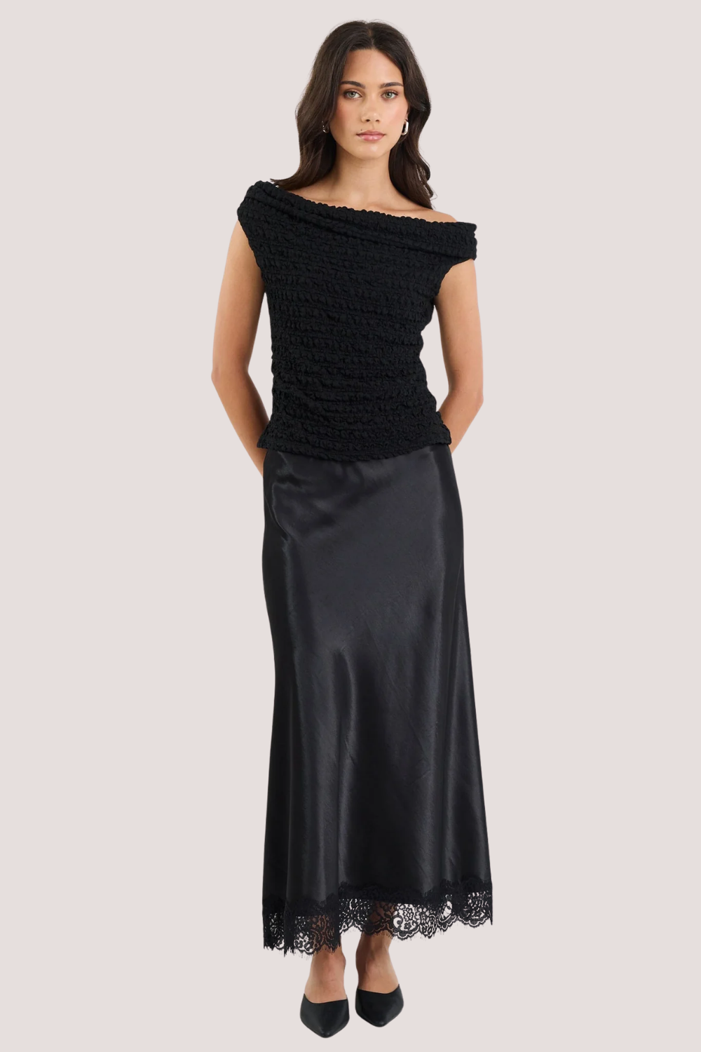 Margarita Black Satin Lace Trim Bias Maxi Skirt