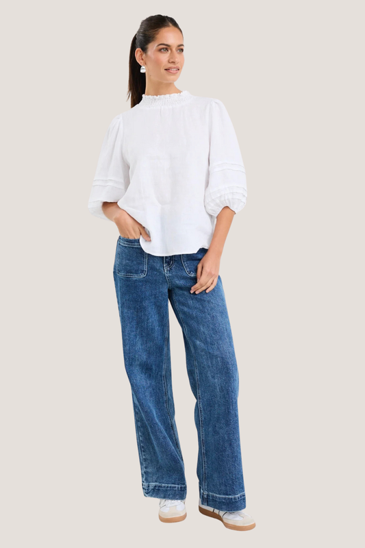 Polished Ivory Linen High Neck Pleat Sleeve Top