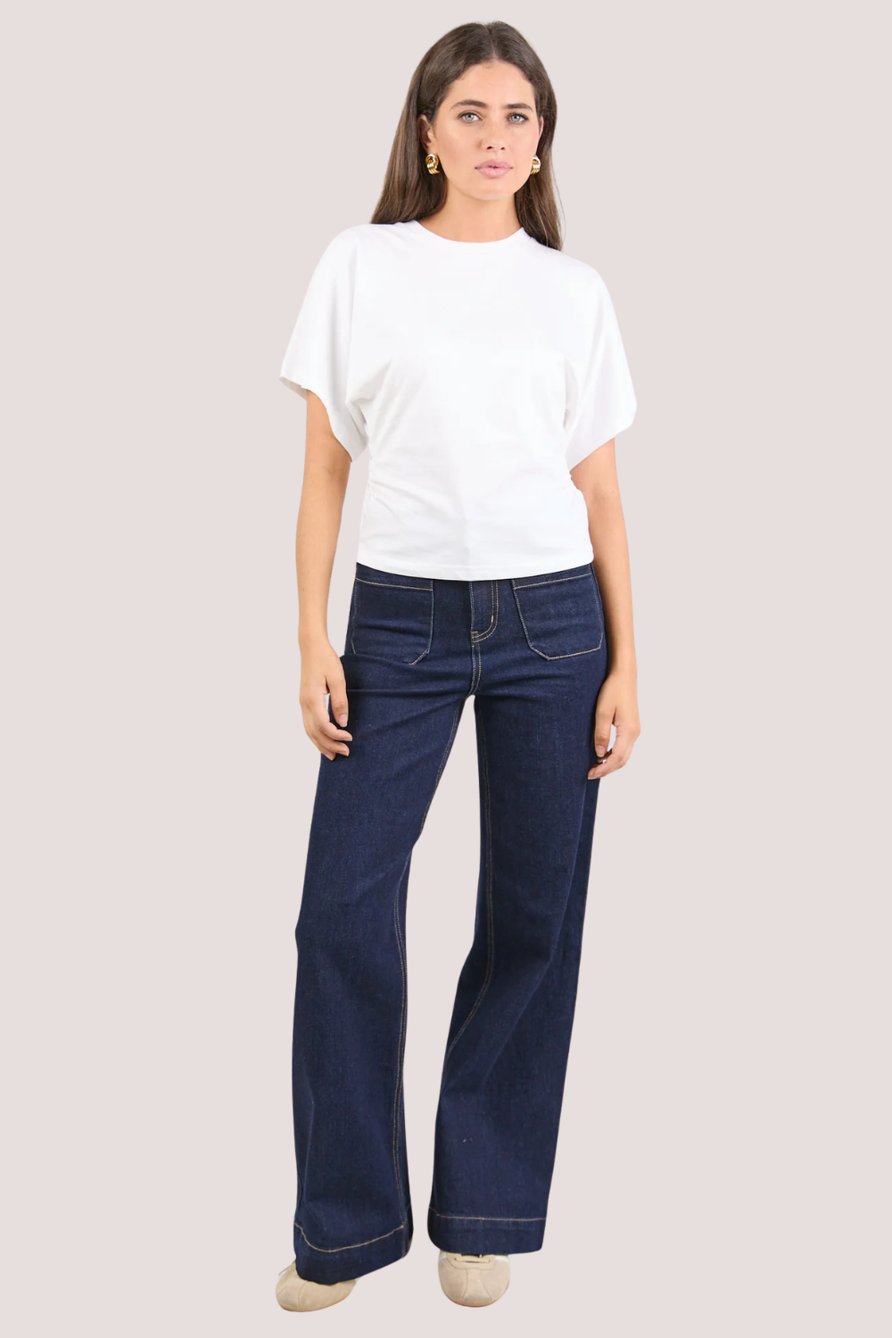 Cadence White Cotton Gathered Waist Detail Short Sleeve Tee