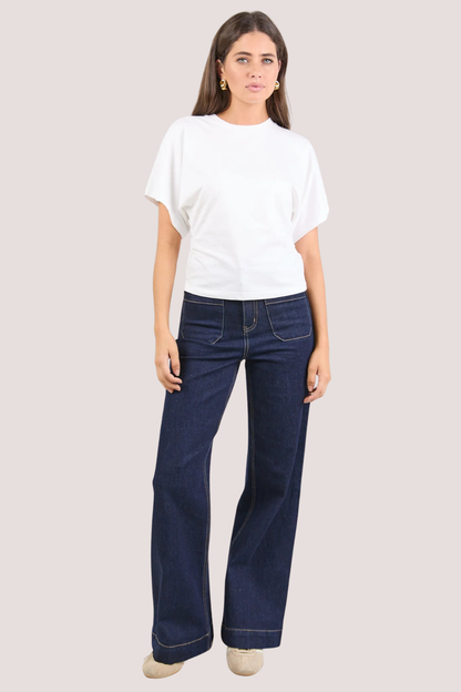 Cadence White Cotton Gathered Waist Detail Short Sleeve Tee