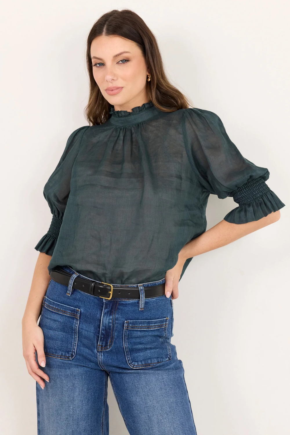 Verse Petrol Sheer High Neck Short Sleeve Top