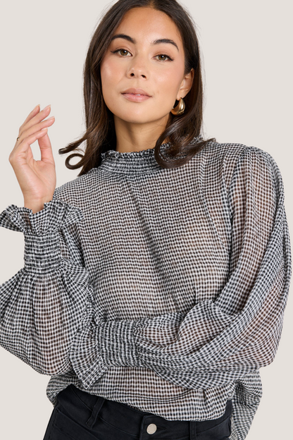 Emphatic Black Gingham Crinkle Shirred Neck LS Top