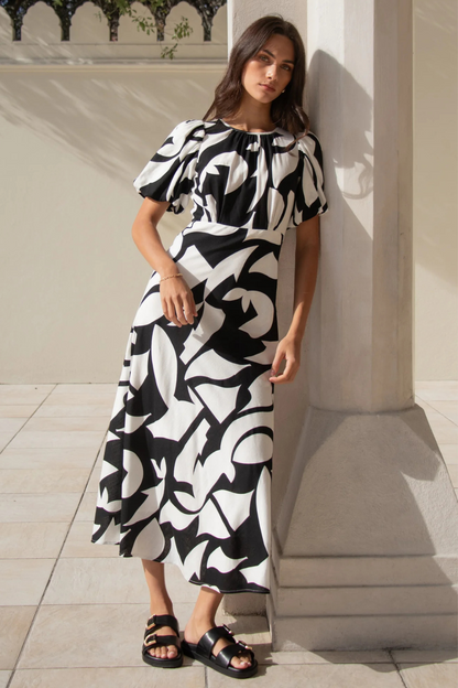 Stage Black Ivory Cut Out Print Puff Sleeve Floaty Maxi Dress