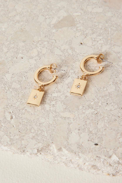 Rectangle Pendant Gold Hoop Earrings