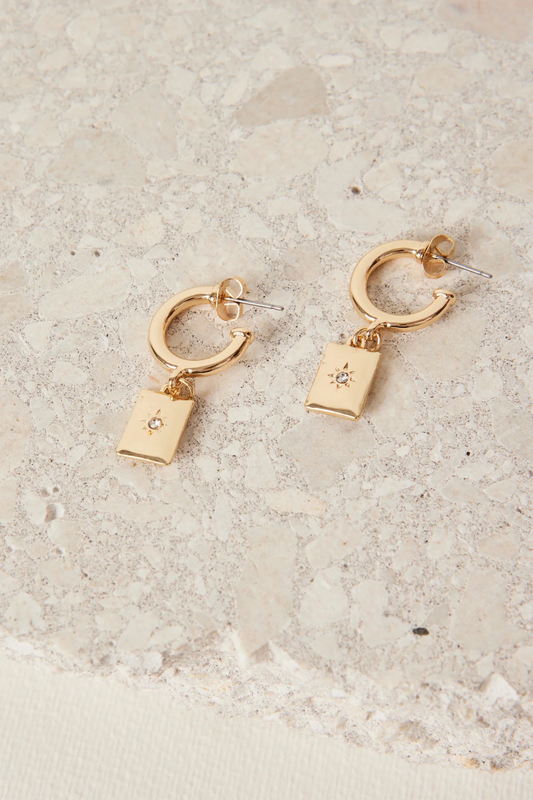 Rectangle Pendant Gold Hoop Earrings