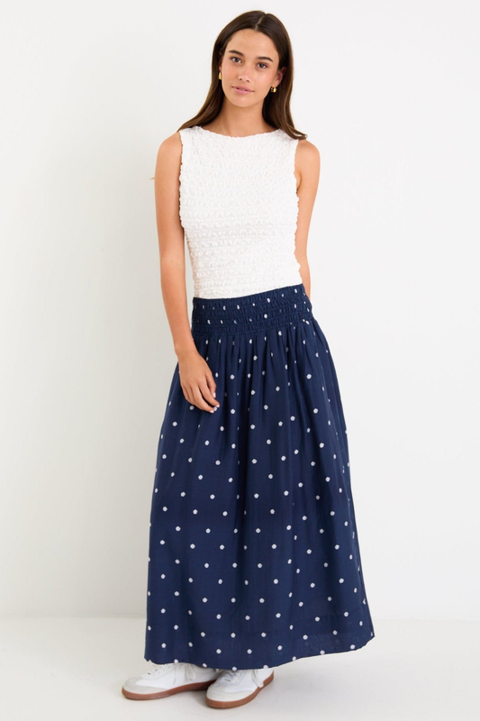 Wanderlust Navy Polka Dot Shirred Waist Maxi Skirt