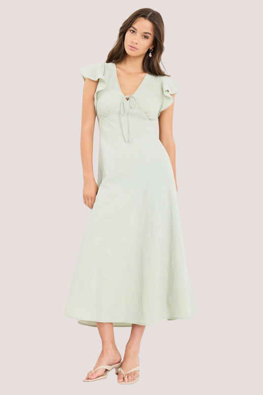 Ovation Sage Gingham Flutter SS Keyhole Tie Midi Dress