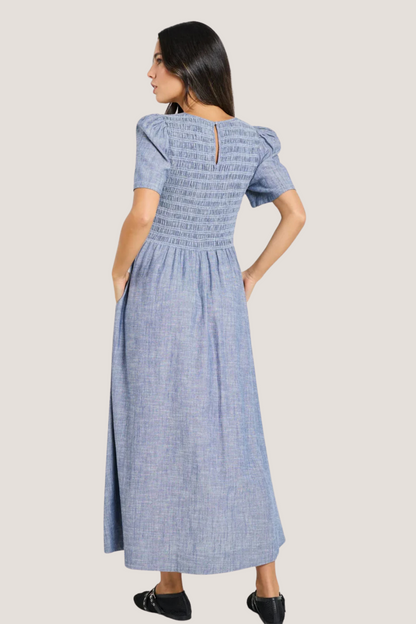 Wren Chambray Blue SS Shirred Bodice Midi Dress